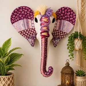 Large Boho Patchwork Elephant Wall Hanging Textile Art Style Maximalist Decor